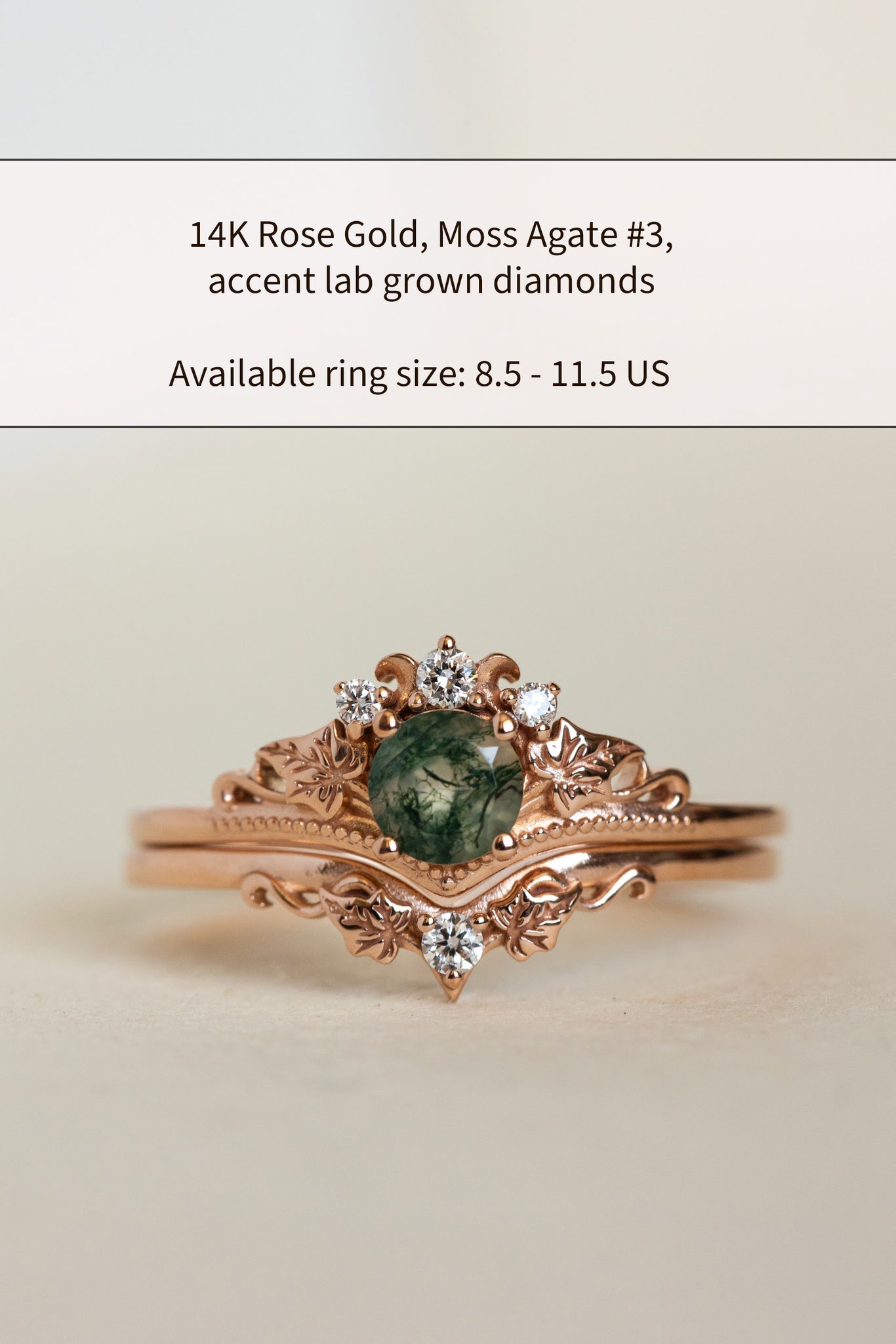 READY TO SHIP: Ariadne bridal ring set in 14K rose gold, round moss agate, accents lab grown diamonds, AVAILABLE RING SIZE: 8.5 - 11.5 US