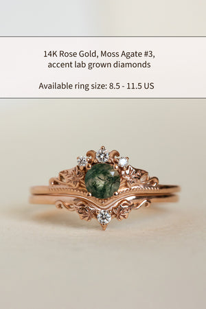 READY TO SHIP: Ariadne bridal ring set in 14K rose gold, round moss agate, accents lab grown diamonds, AVAILABLE RING SIZE: 8.5 - 11.5 US