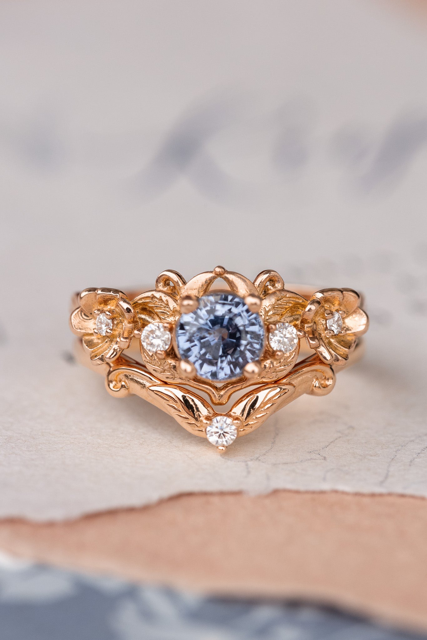 Violetish blue sapphire engagement ring set, stacking rings set with flower and diamonds / Adelina - Eden Garden Jewelry™