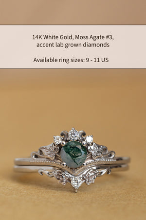 READY TO SHIP: Ariadne bridal ring set in 14K white gold, natural moss agate 5 mm, accent lab grown diamonds, AVAILABLE RING SIZES: 5.5 - 11 US