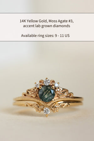 READY TO SHIP: Ariadne bridal ring set in 14K yellow gold, round moss agate, accents lab grown diamonds, AVAILABLE RING SIZES: 9 - 11 US