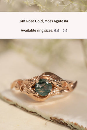 READY TO SHIP: Azalea ring in 14K rose gold, natural moss agate round cut 5 mm, AVAILABLE RING SIZES: 3.25 - 9.5 US