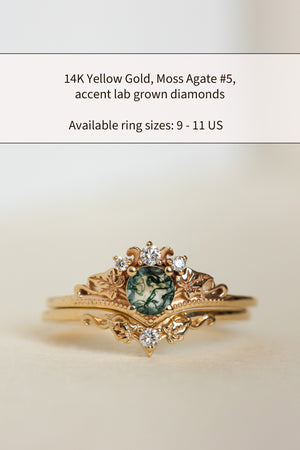 READY TO SHIP: Ariadne bridal ring set in 14K yellow gold, round moss agate, accents lab grown diamonds, AVAILABLE RING SIZES: 9 - 11 US