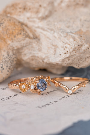 Violetish blue sapphire engagement ring set, stacking rings set with flower and diamonds / Adelina - Eden Garden Jewelry™