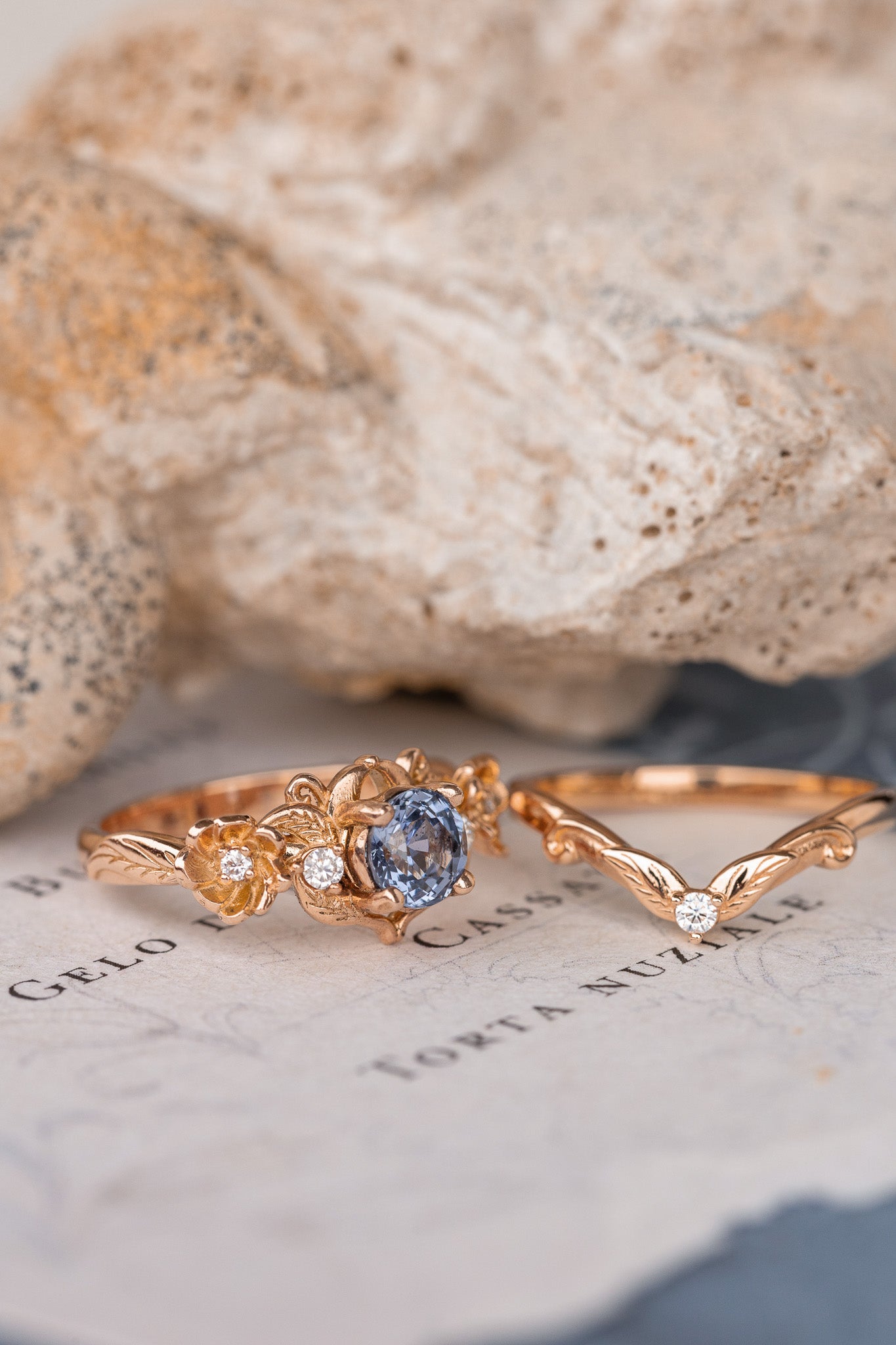 Natural sapphire and diamonds engagement ring, gold flower proposal ring / Adelina - Eden Garden Jewelry™