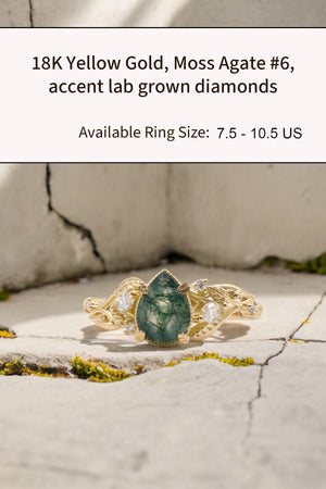 READY TO SHIP: Patricia ring in 14K or 18K yellow gold, natural moss agate pear cut 8x6 mm, accent lab grown diamonds, AVAILABLE RING SIZES: 5 - 10.5 US