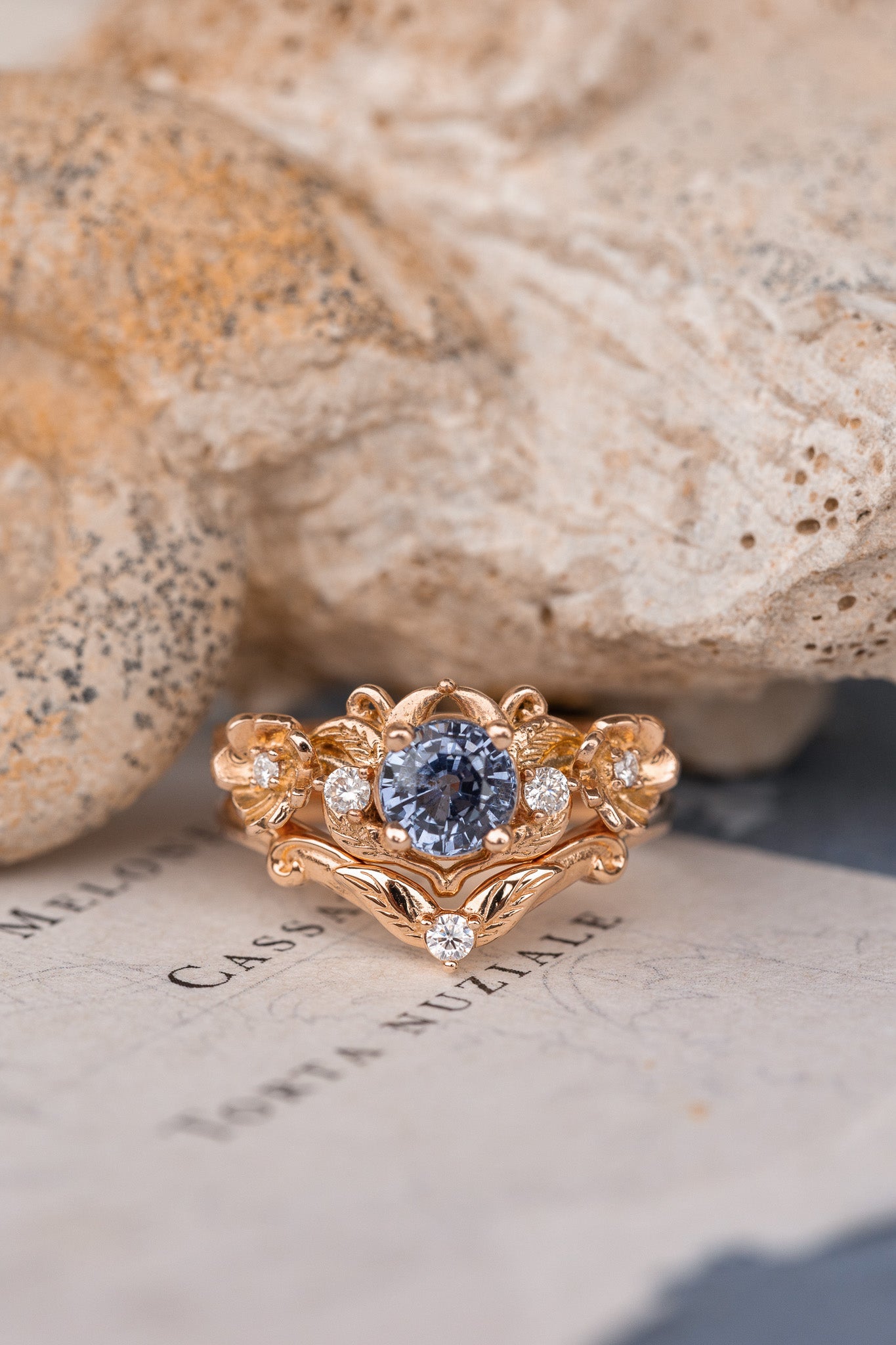 Violetish blue sapphire engagement ring set, stacking rings set with flower and diamonds / Adelina - Eden Garden Jewelry™