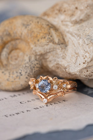 Natural sapphire and diamonds engagement ring, gold flower proposal ring / Adelina - Eden Garden Jewelry™