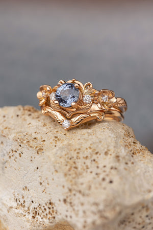 Violetish blue sapphire engagement ring set, stacking rings set with flower and diamonds / Adelina - Eden Garden Jewelry™