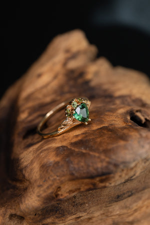 READY TO SHIP: Ariadne engagement ring in 14K yellow gold, natural green/teal sapphire, accent natural green sapphires, AVAILABLE RING SIZES: 7.5 - 10.5 US