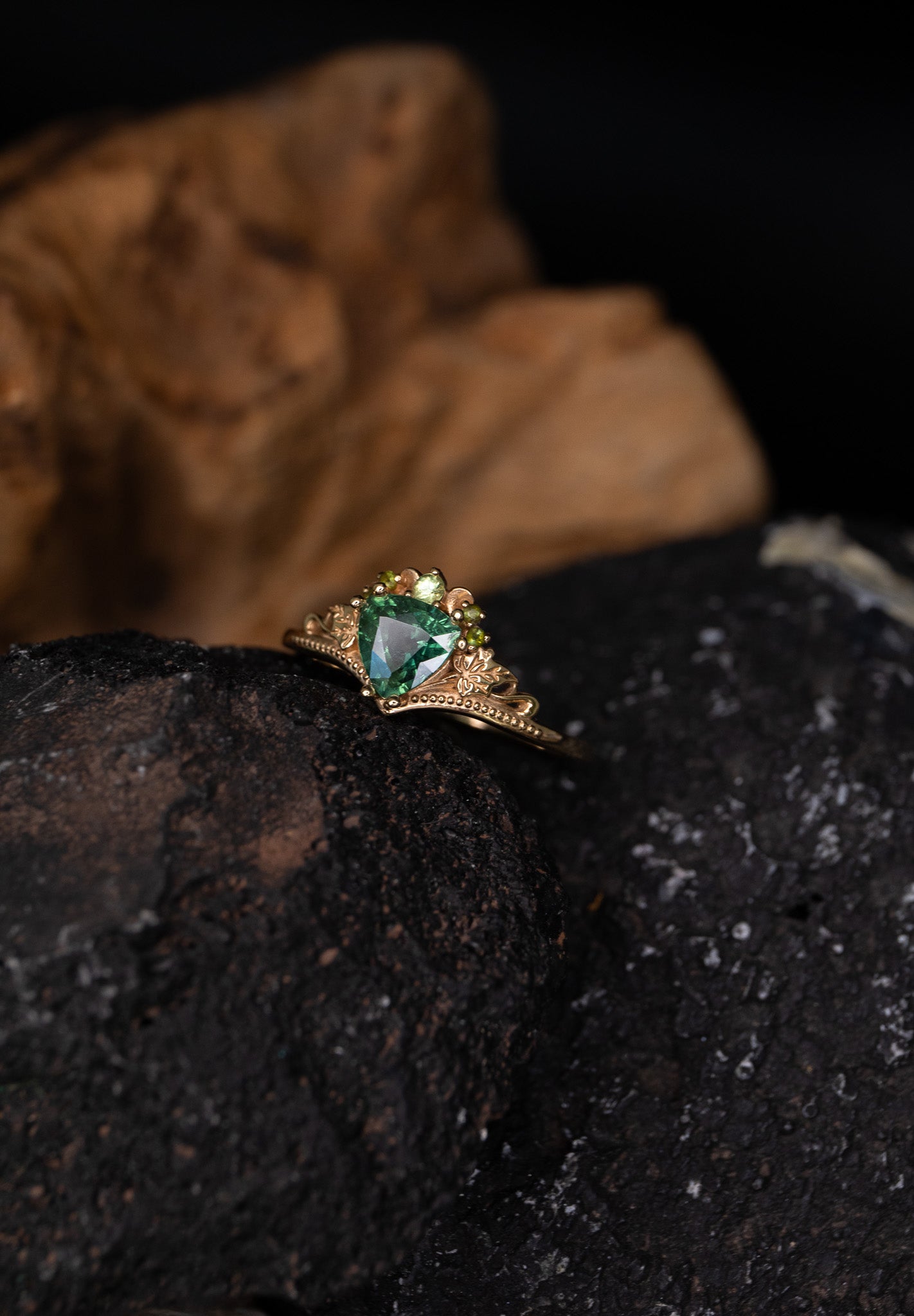 READY TO SHIP: Ariadne engagement ring in 14K yellow gold, natural green/teal sapphire, accent natural green sapphires, AVAILABLE RING SIZES: 7.5 - 10.5 US