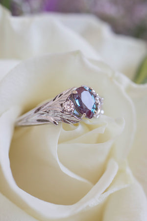 Pear alexandrite ring with diamonds, leaf engagement ring / Wisteria - Eden Garden Jewelry™