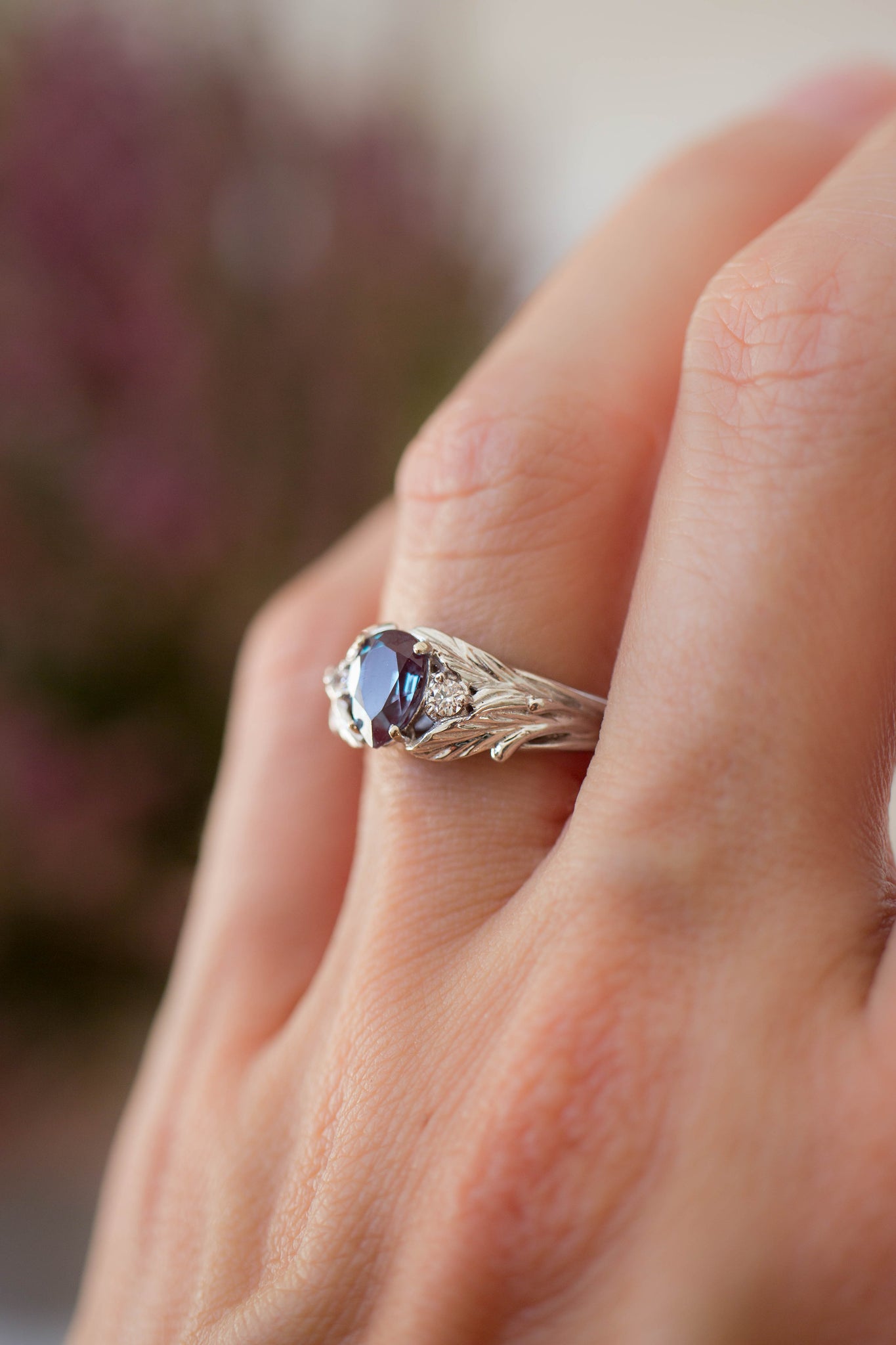 READY TO SHIP: Wisteria in 14K white gold, pear alexandrite 7x5 mm, diamonds, AVAILABLE RING SIZES - 6 US, 8 US - Eden Garden Jewelry™