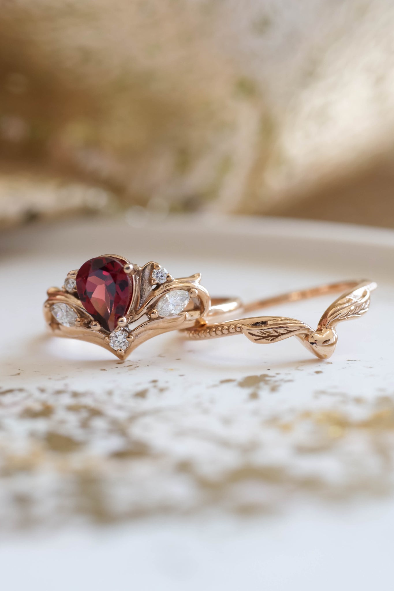 READY TO SHIP: Swanlake engagement ring in 14K rose gold, pear garnet 7x5 mm, natural diamonds, AVAILABLE RING SIZES: 5.5 - 8.5 US