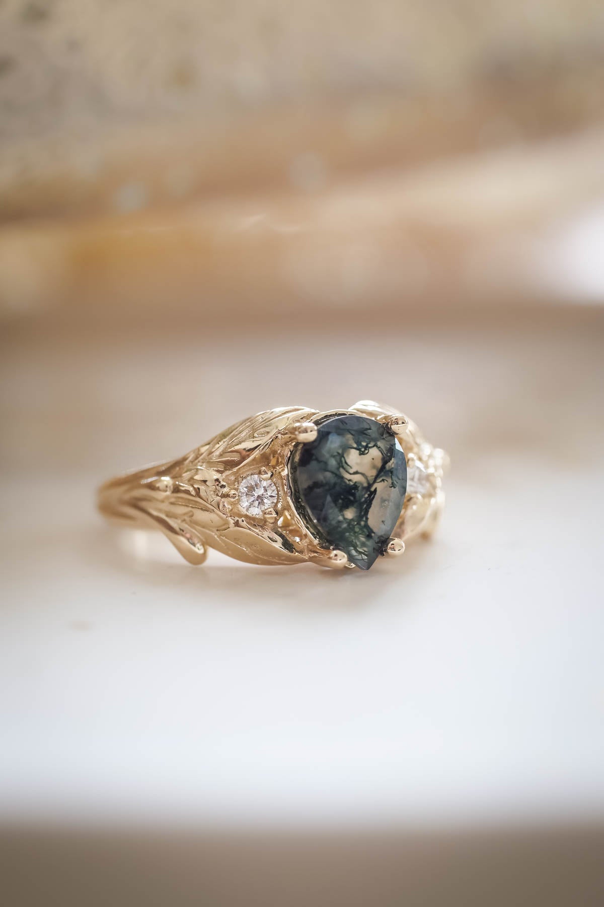 Green moss agate engagement ring, promise leaf ring with diamonds / Wisteria - Eden Garden Jewelry™