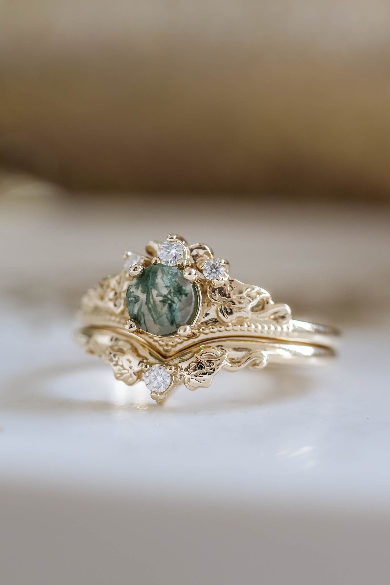 READY TO SHIP: Ariadne bridal ring set in 14K or 18K yellow gold, natural moss agate 5 mm, accents moissanites, AVAILABLE RING SIZES: 5-11US - Eden Garden Jewelry™