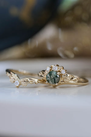 READY TO SHIP: Ariadne bridal ring set in 14K or 18K yellow gold, natural moss agate 5 mm, accents moissanites, AVAILABLE RING SIZES: 5-11US - Eden Garden Jewelry™