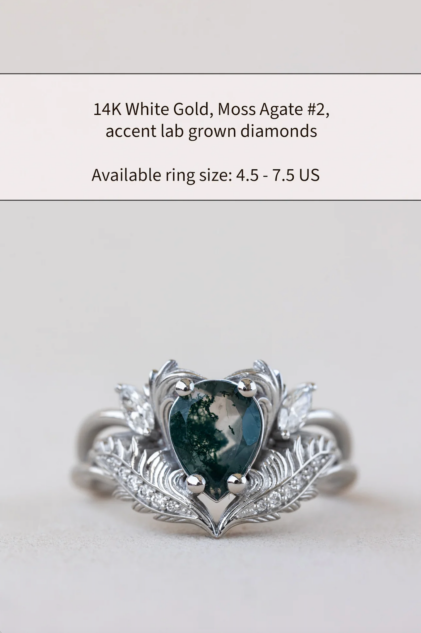 READY TO SHIP: Adonis ring in 14K white gold, pear cut moss agate, accent lab grown diamonds, RING SIZES: 4.5 - 8.75 US