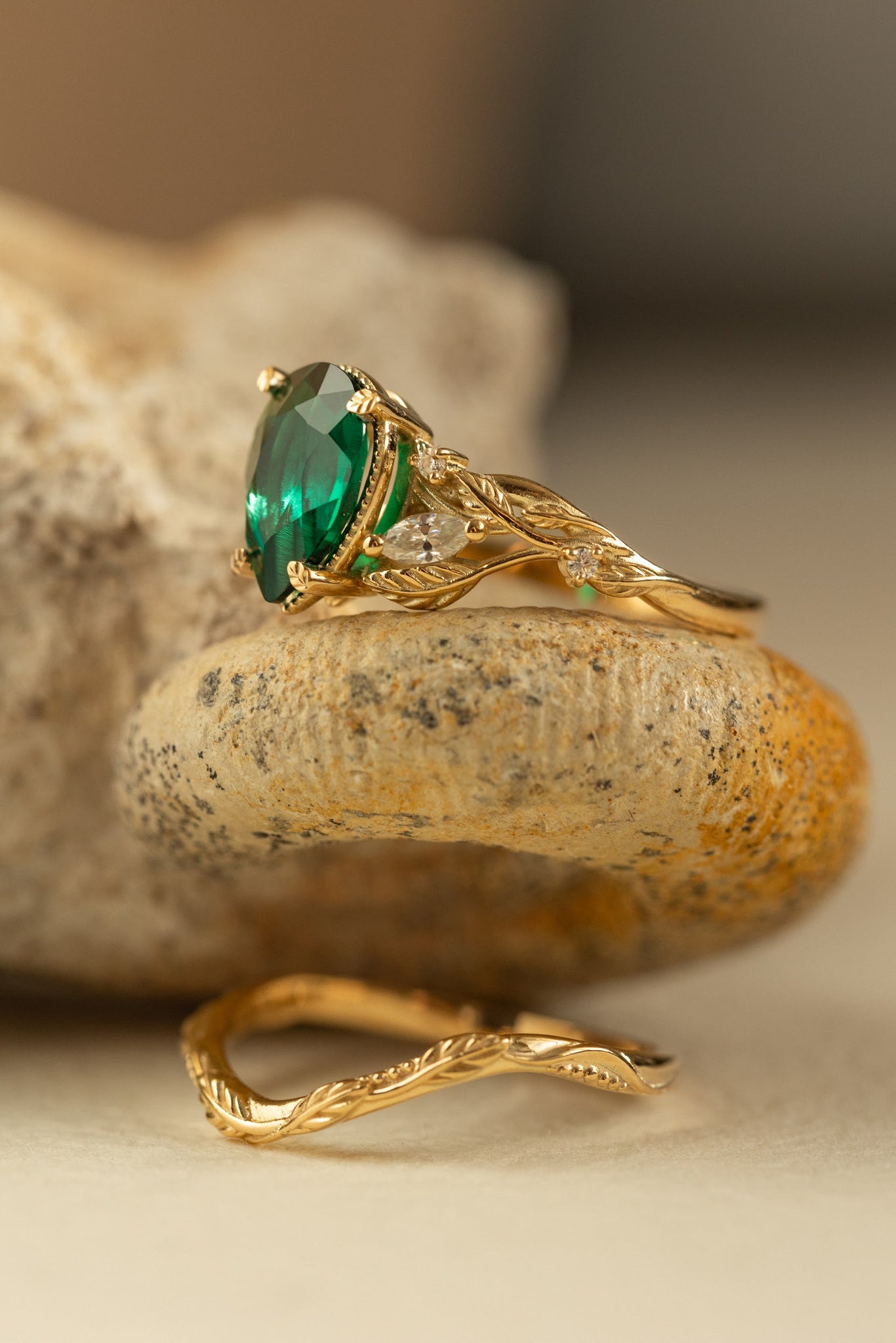 Big lab emerald twig engagement ring set, yellow gold leaf bridal ring set with marquise cut diamonds  / Patricia - Eden Garden Jewelry™