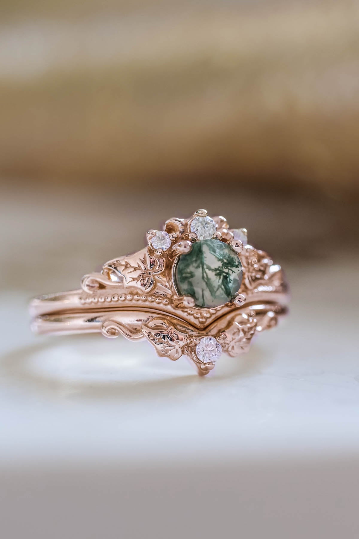 Moss agate engagement ring, alternative gold promise ring with diamonds / Ariadne - Eden Garden Jewelry™