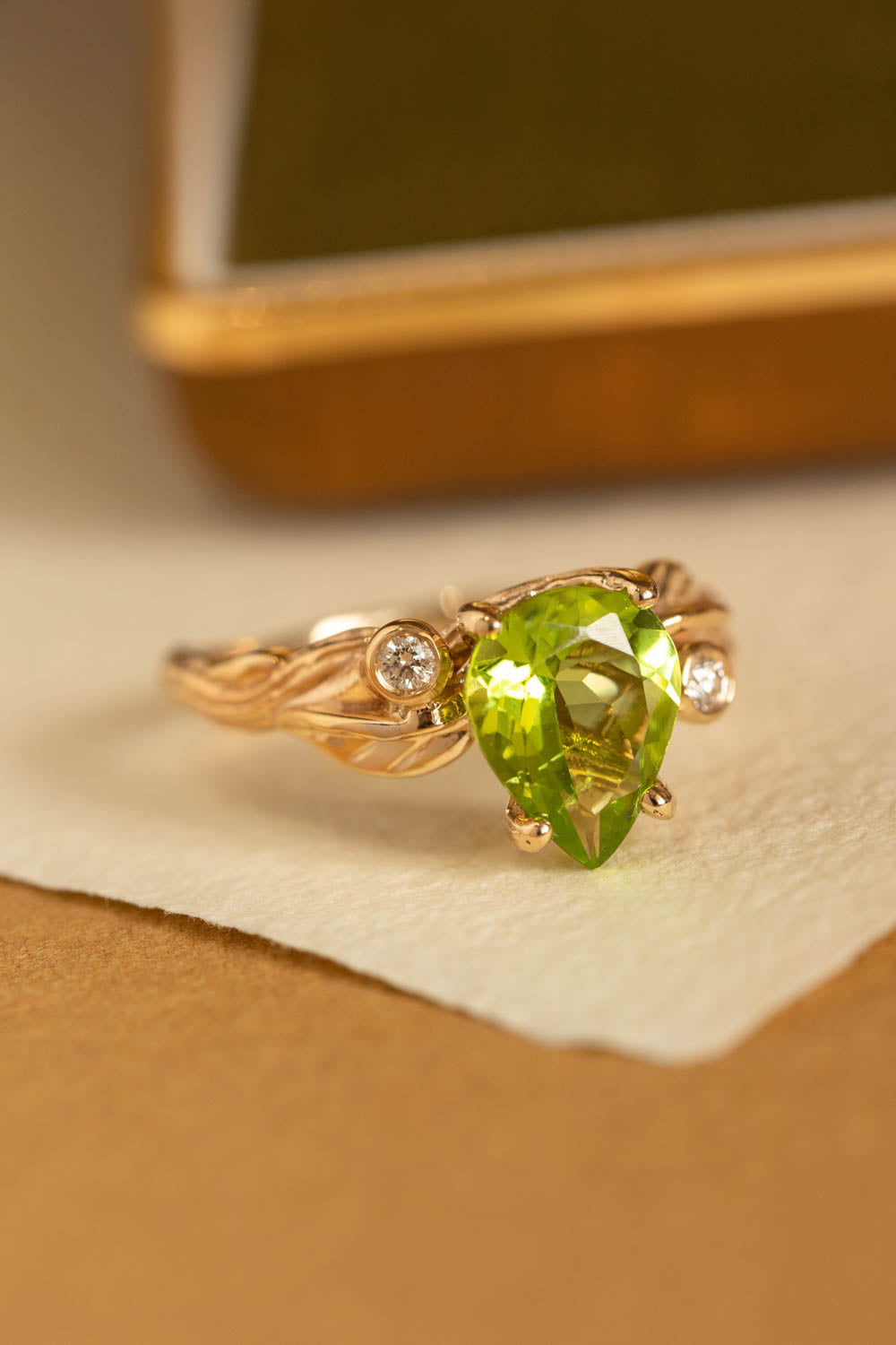 Peridot engagement ring with accent gemstones, big pear gemstone ring / Arius - Eden Garden Jewelry™