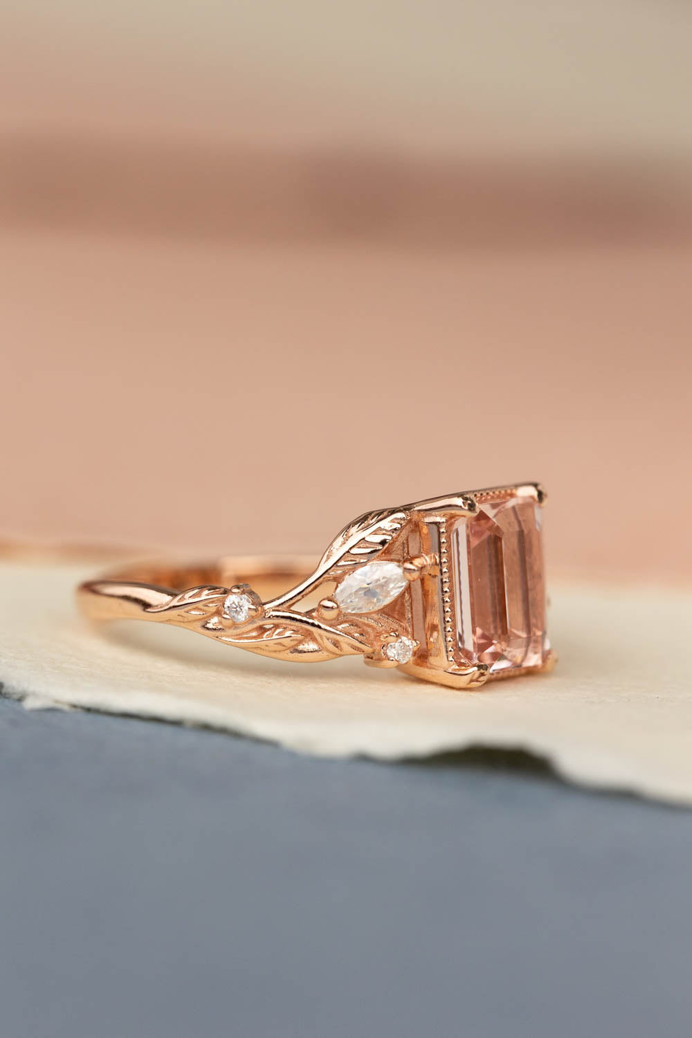 Morganite engagement ring set, emerald cut gemstone bridal ring set / Patricia - Eden Garden Jewelry™