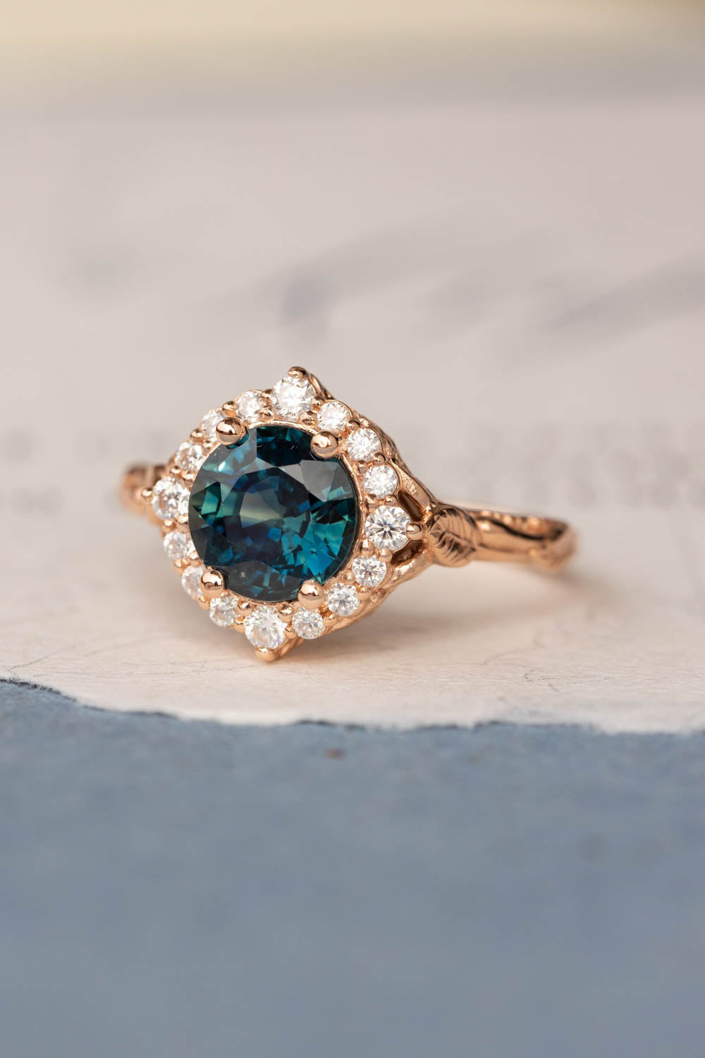 Gorgeous teal sapphire engagement ring with diamond halo, nature inspired gold ring with 2.3 carat sapphire and diamonds / Florentina - Eden Garden Jewelry™