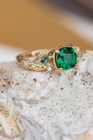 Lab emerald and moss agates branch engagement ring, cushion cut gemstone gold proposal ring / Patricia - Eden Garden Jewelry™