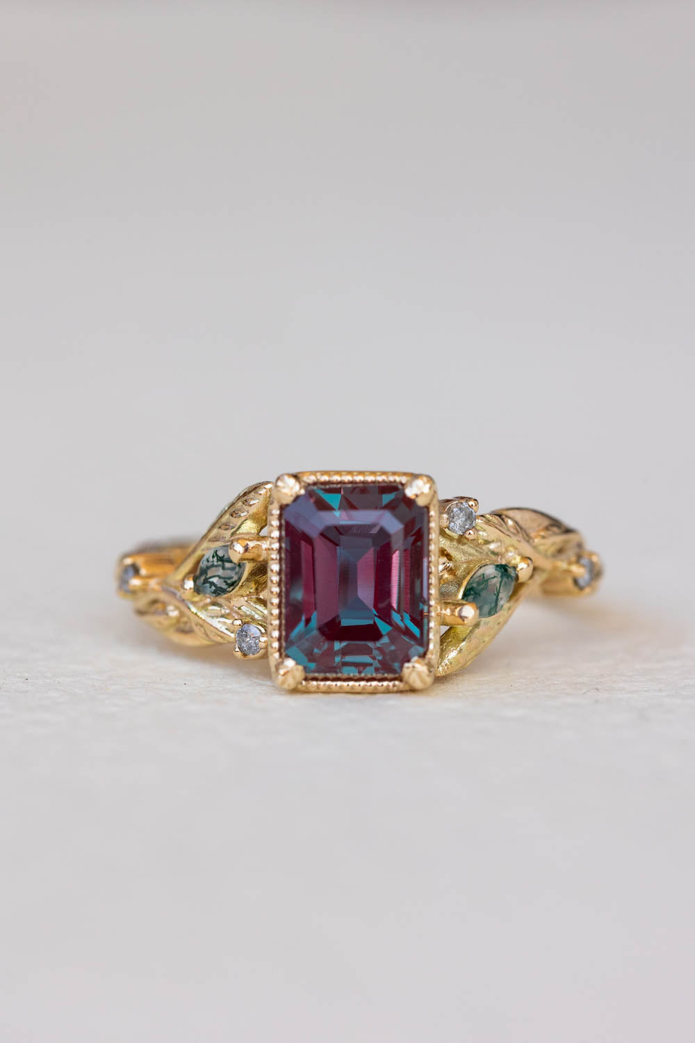 READY TO SHIP: Patricia ring in 14K yellow gold, lab alexandrite emerald cut 8x6 mm, accent moss agates and salt&pepper diamonds, AVAILABLE RING SIZES: 6-8US - Eden Garden Jewelry™