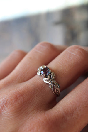 Lab alexandrite engagement ring, white gold nature themed promise ring / Cornus - Eden Garden Jewelry™