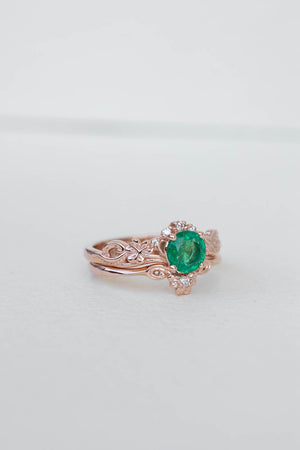 Round emerald rose gold engagement ring, clover leaves proposal ring with diamonds / Horta - Eden Garden Jewelry™