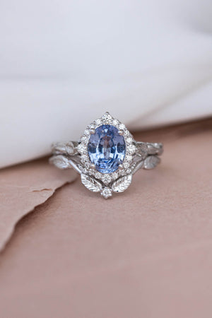 Halo diamond and sapphire engagement ring, white gold leaf engagement ring  / Florentina - Eden Garden Jewelry™