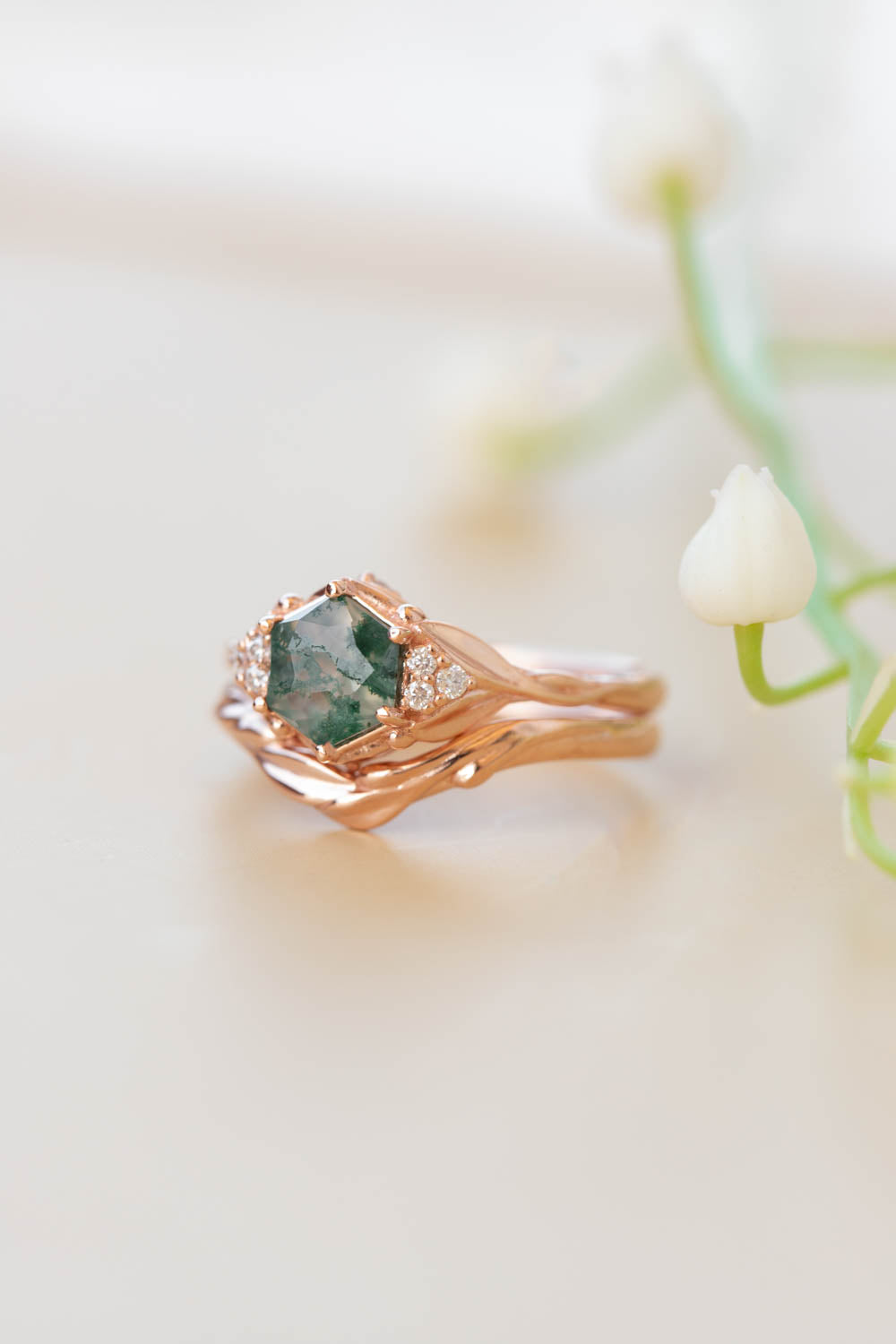 Moss agate bridal ring set, nature inspired engagement ring set with diamonds / Roma - Eden Garden Jewelry™