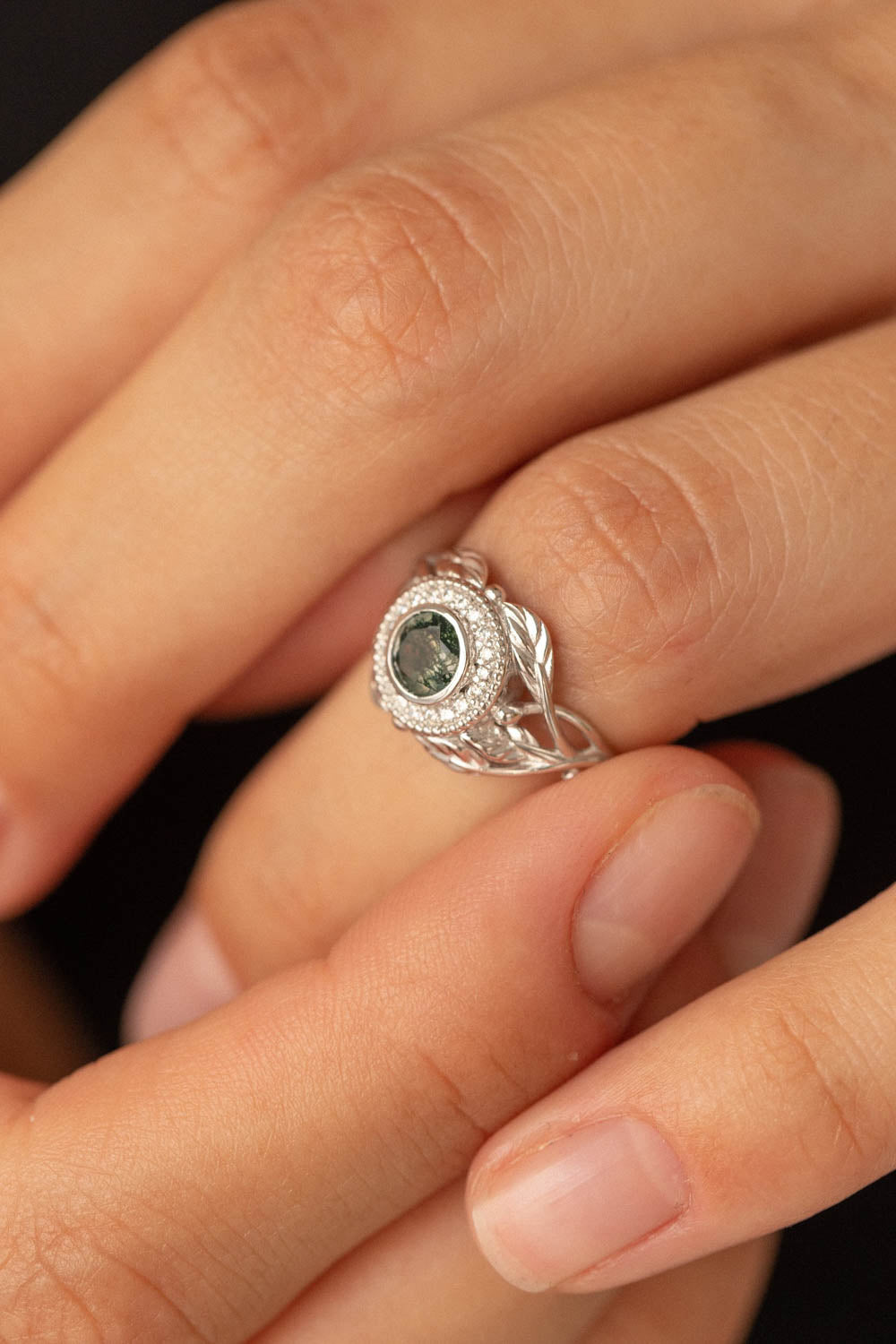 Moss agate and diamond halo engagement ring, nature themed gold branch ring  / Tilia halo - Eden Garden Jewelry™