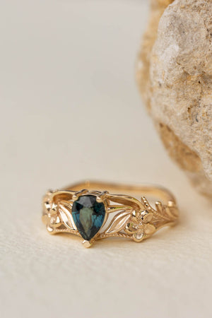 Genuine teal sapphire engagement ring, gold flower proposal ring / Eloise - Eden Garden Jewelry™