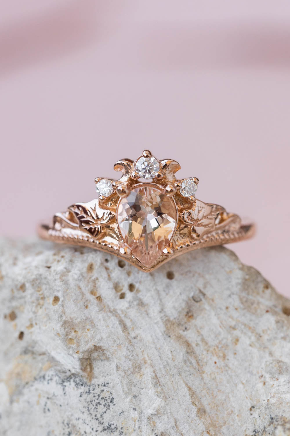 Natural pear morganite bridal ring set, rose gold ivy leaves engagement rings / Ariadne - Eden Garden Jewelry™