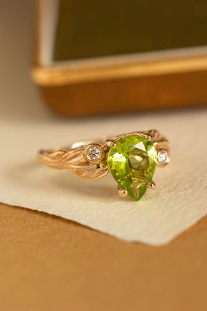 Peridot engagement ring with accent gemstones, big pear gemstone ring / Arius - Eden Garden Jewelry™