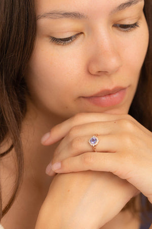 Lavender tanzanite engagement ring with diamond halo, rose gold leaves ring with diamonds / Florentina - Eden Garden Jewelry™