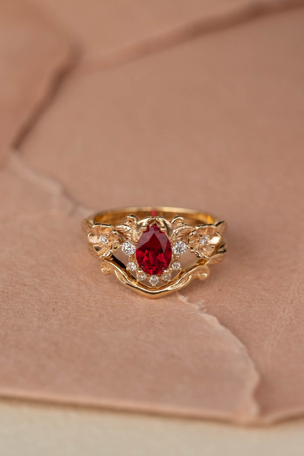 Lab ruby bridal ring set with diamond crown, unique flower engagement ring set / Adelina - Eden Garden Jewelry™