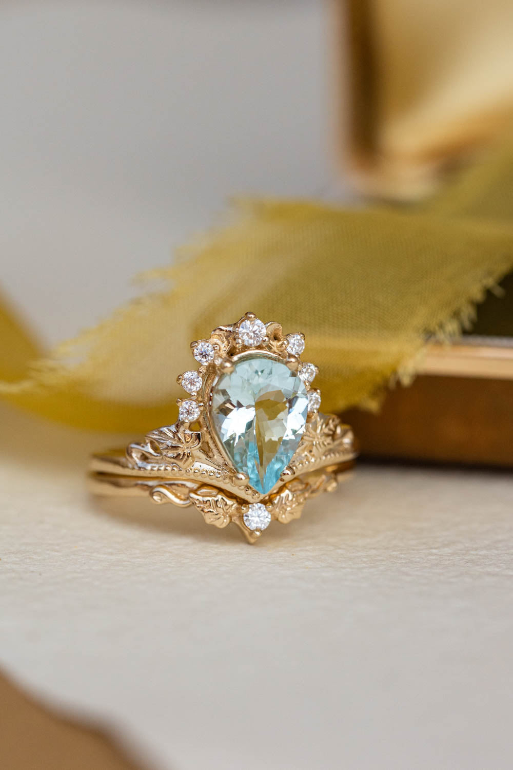 2.8 carat aquamarine bridal ring set, big pear cut engagement rings with diamond crown / Ariadne - Eden Garden Jewelry™