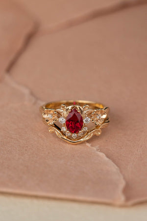 Lab ruby bridal ring set with diamond crown, unique flower engagement ring set / Adelina - Eden Garden Jewelry™