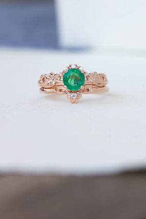 Round emerald rose gold engagement ring, clover leaves proposal ring with diamonds / Horta - Eden Garden Jewelry™