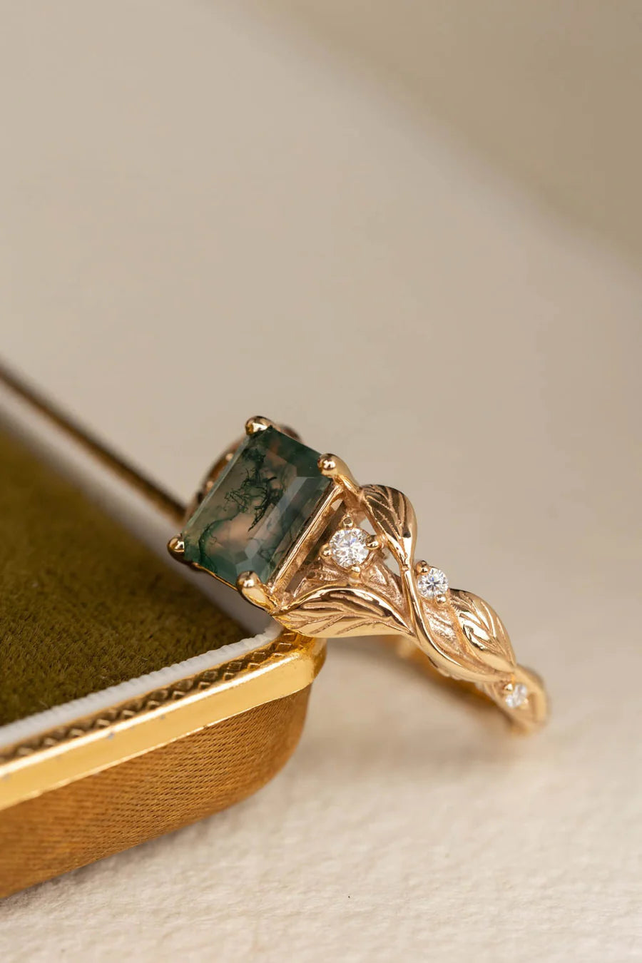 Emerald cut moss agate engagement ring, gold nature themed ring diamonds / Clematis - Eden Garden Jewelry™