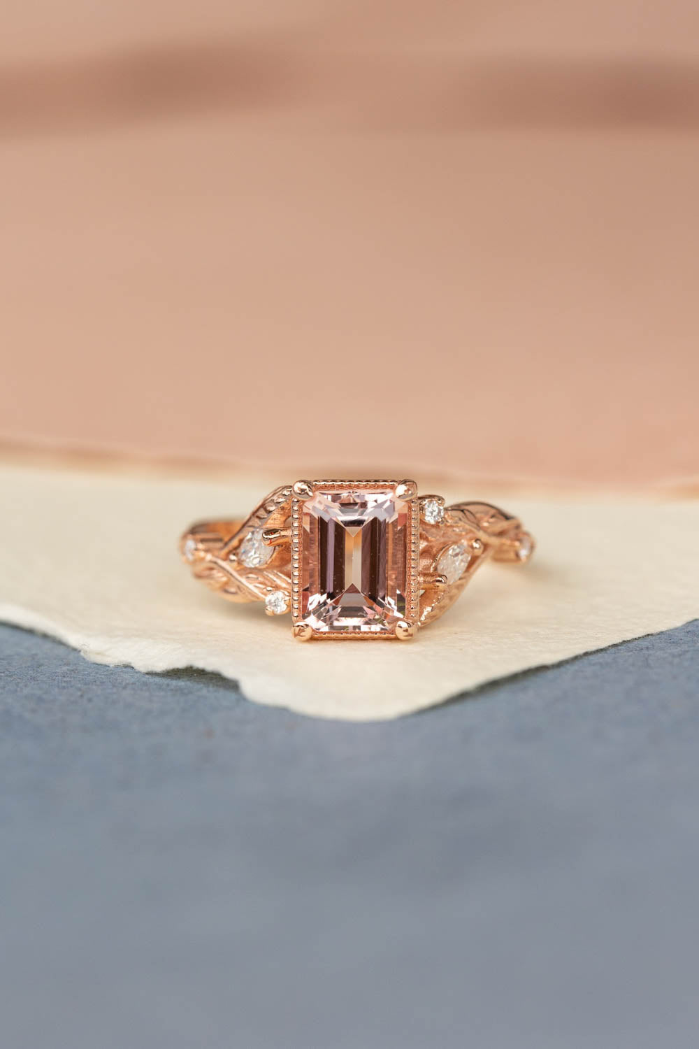 Morganite engagement ring set, emerald cut gemstone bridal ring set / Patricia - Eden Garden Jewelry™