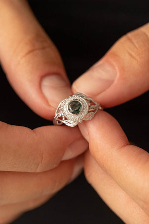 Moss agate and diamond halo engagement ring, nature themed gold branch ring  / Tilia halo - Eden Garden Jewelry™