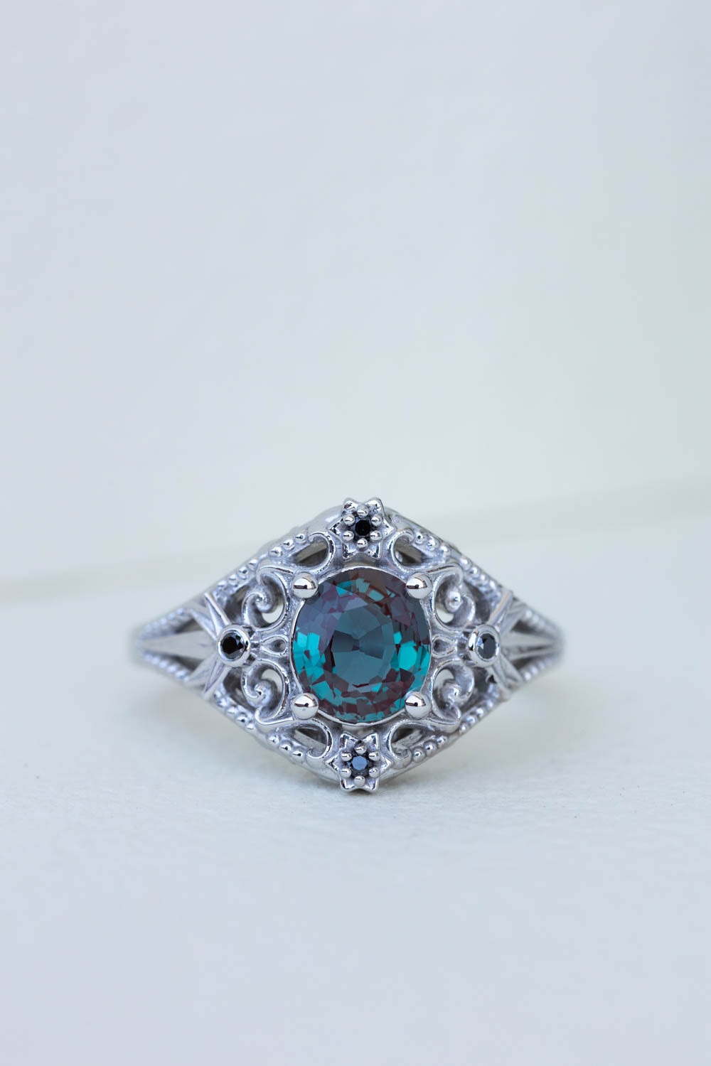 Alexandrite and black diamonds anniversary ring, white gold stars engagement ring - Eden Garden Jewelry™