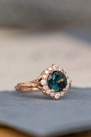 Gorgeous teal sapphire engagement ring with diamond halo, nature inspired gold ring with 2.3 carat sapphire and diamonds / Florentina - Eden Garden Jewelry™