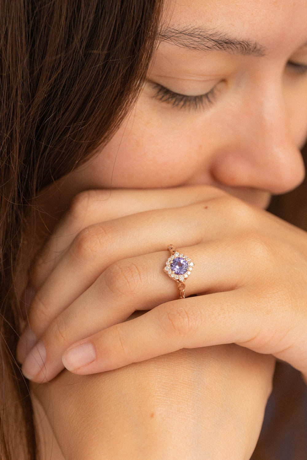 Lavender tanzanite engagement ring with diamond halo, rose gold leaves ring with diamonds / Florentina - Eden Garden Jewelry™