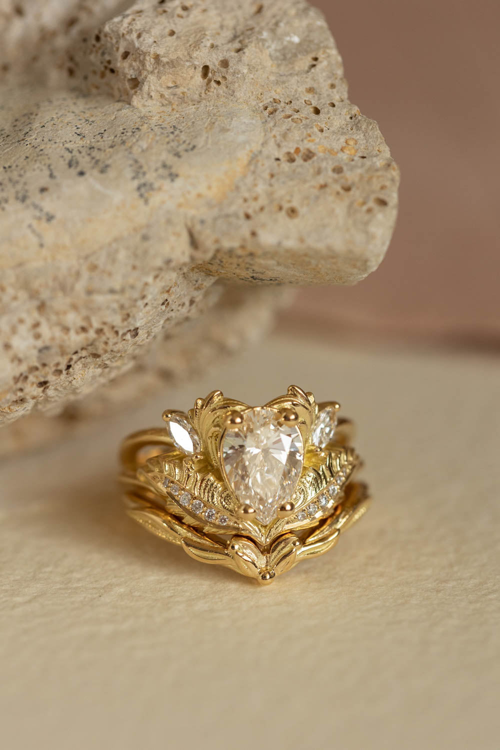 Lab grown diamond engagement ring set in yellow gold, gorgeous bridal ring set / Adonis - Eden Garden Jewelry™