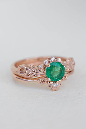 Natural emerald engagement ring set, celtic bridal ring set / Horta - Eden Garden Jewelry™